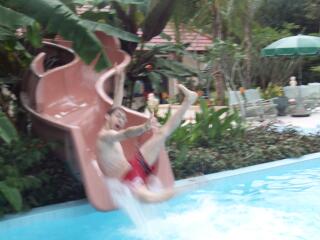 Dave loves the water slide at the River Kwai Village.
