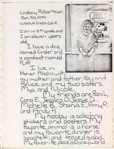 [Image: Lindsay Robertson's Page in the 1984-1985 Class Directory]